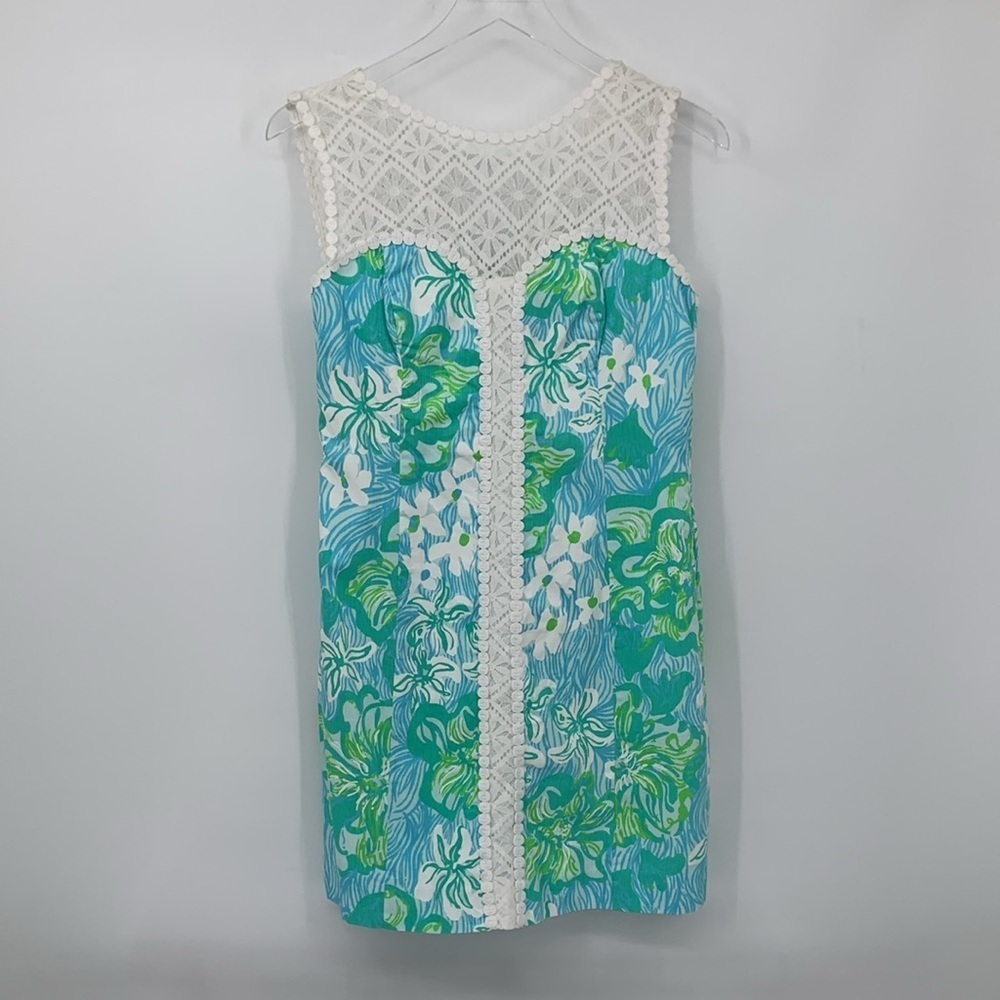 Lilly Pulitzer Sofia shift dress Lagoon Green wave rider blue white lace dot 8